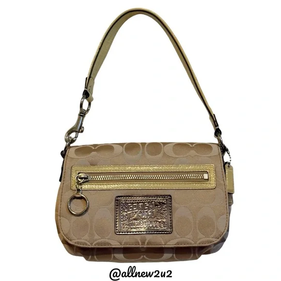 Coach Poppy Signature Tan Yellow Leather Accents W Gold Hardware Shoulder Bag - Picture 2 of 10